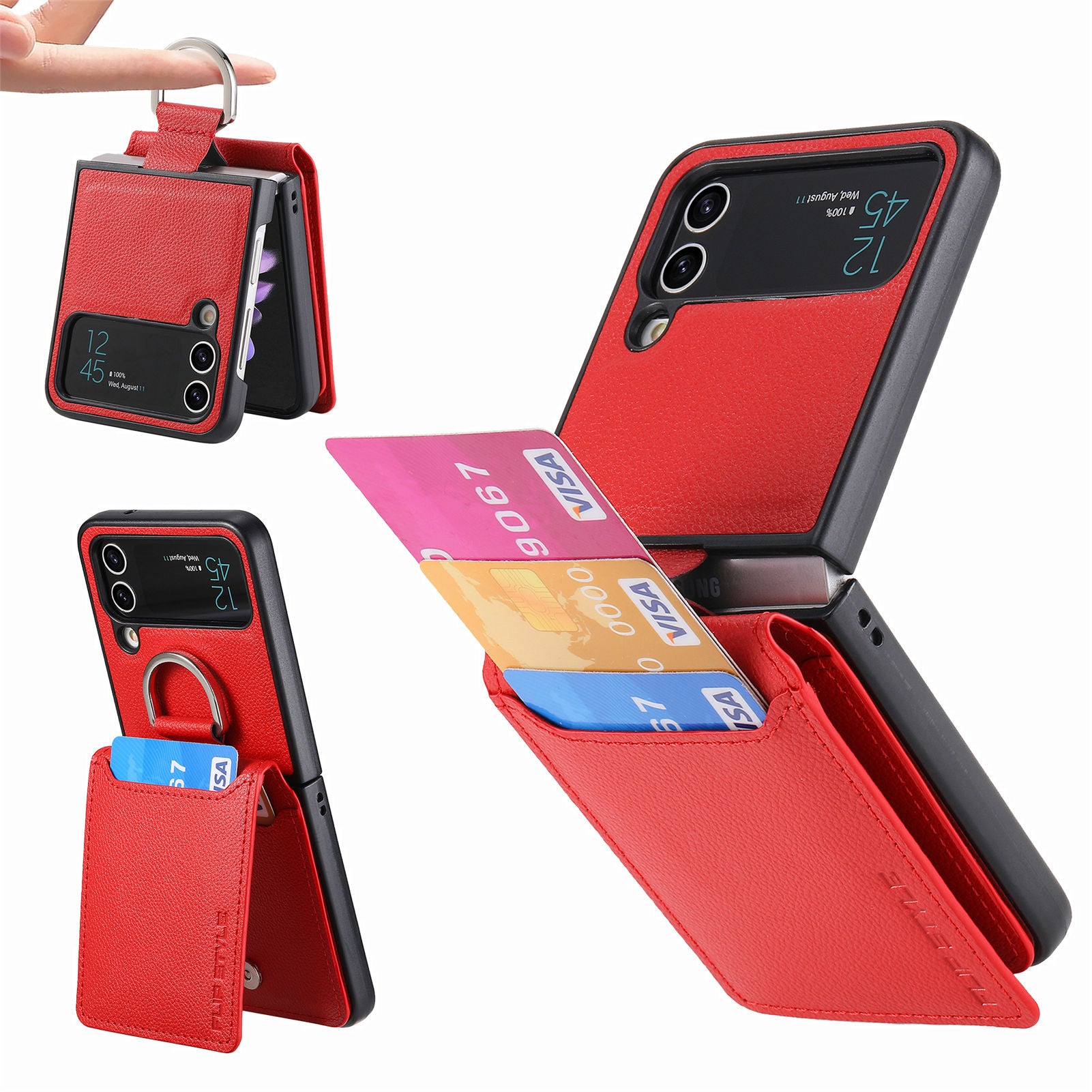 For Samsung Galaxy Z Flip4 5G Card Holder Kickstand Case PU Leather Coated PC Phone Cover with Built-in Metal Sheet For Samsung Galaxy Z Flip4 5G Card Holder Kickstand Case PU Leather Coated PC Phone Cover with Built-in Metal Sheet